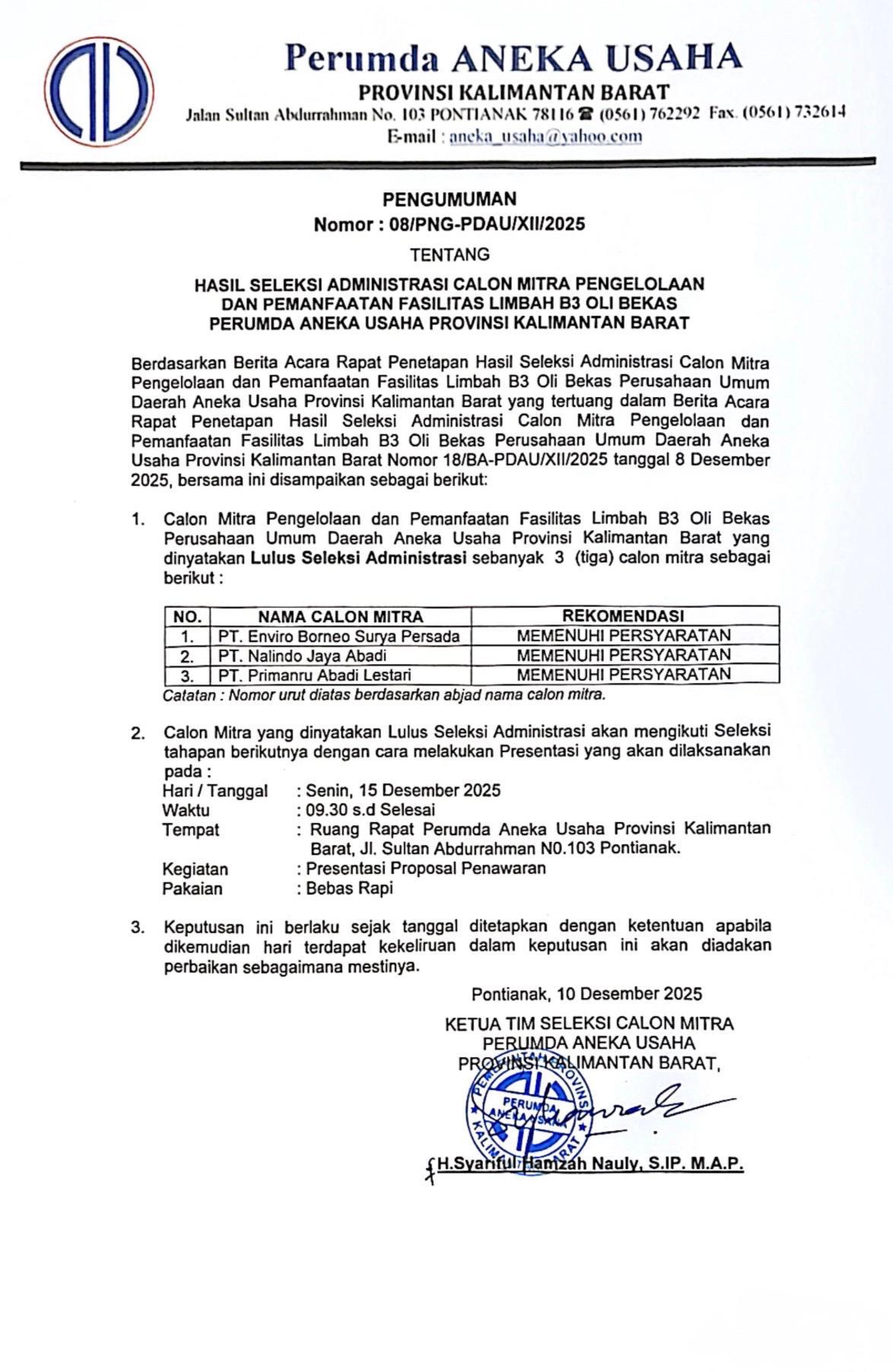 Pengumuman Calon Mitra Hasil Seleksi Administrasi